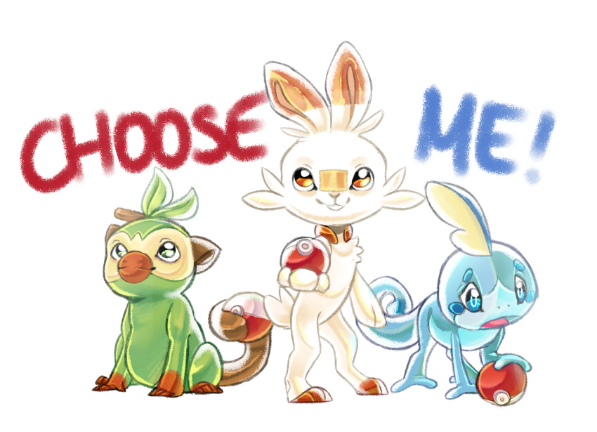 absurd_res amber_eyes ambiguous_gender blue_eyes blue_text byemyfriends feral generation_8_pokemon green_eyes grookey group hi_res looking_at_viewer looking_down looking_up nintendo pokeball pokemon pokemon_(species) red_text scorbunny simple_background sobble text trio white_background