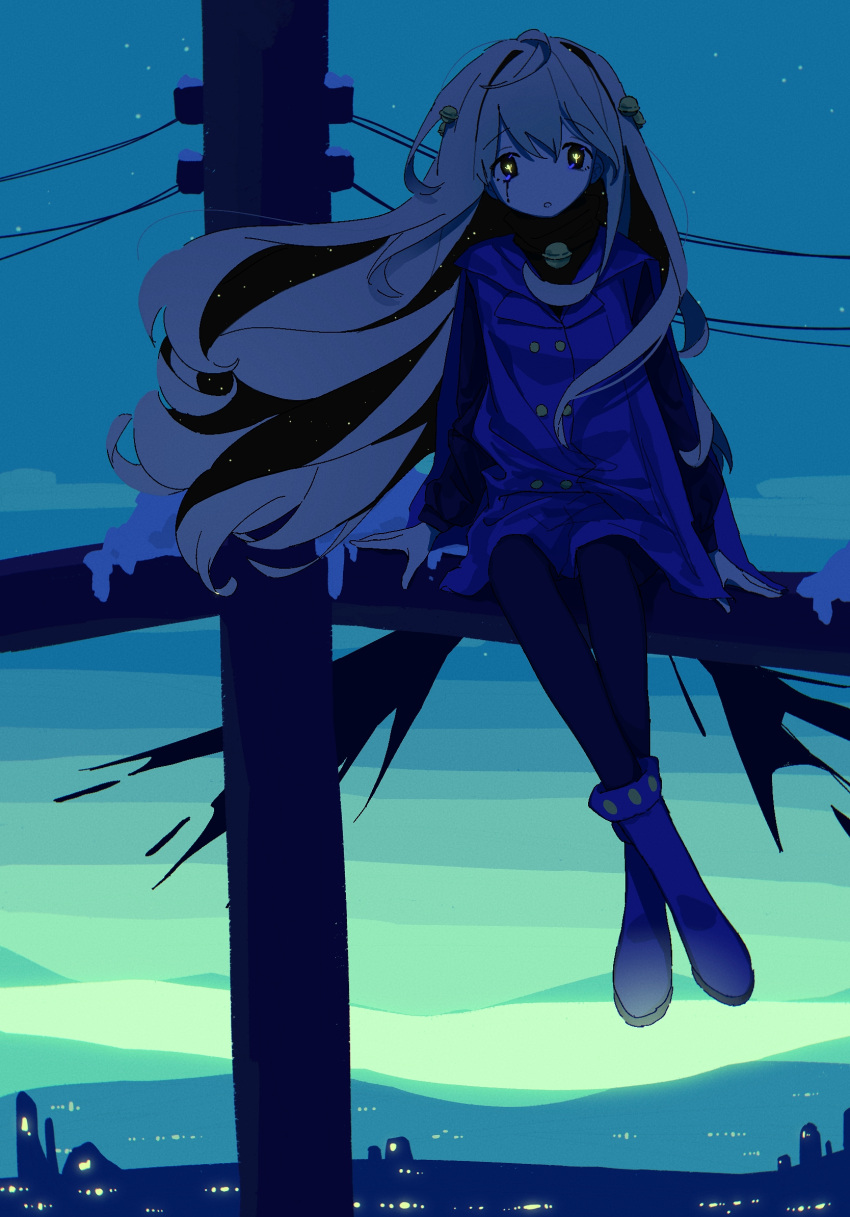 1girl arm_support bell black_eyes black_leggings black_wings blue_coat blue_footwear blue_sky boots buttons coat colored_inner_hair crossed_legs crying crying_with_eyes_open dinner_bell_(vocaloid) floating_hair glowing glowing_eyes green_sky grey_hair hair_bell hair_ornament highres himitsu_onigiri jaggy_lines jingle_bell leaning_to_the_side leggings long_hair long_sleeves looking_at_viewer low_wings mountainous_horizon multicolored_hair multicolored_sky muted_color neck_bell on_top_of_pole open_mouth power_lines raised_eyebrows sitting sky solo star_(sky) starry_hair starry_sky tareme tears utility_pole very_long_hair vocaloid wings yellow_pupils