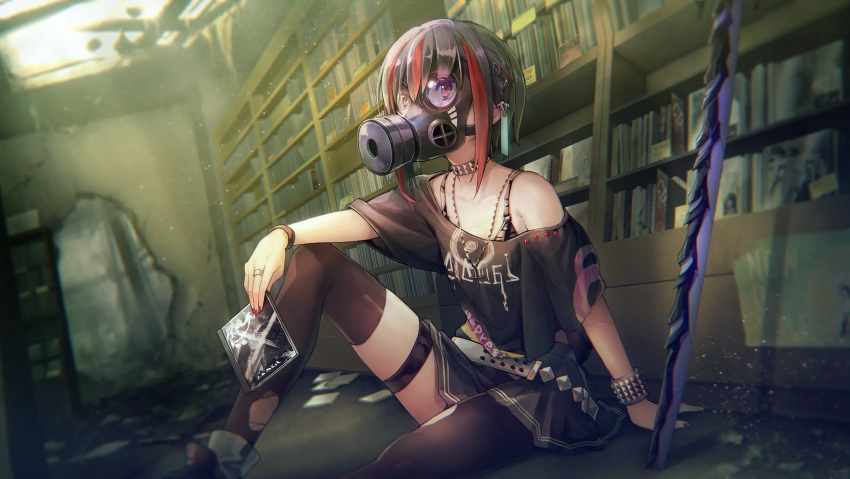 1girl abandoned black_hair black_thighhighs gas_mask heaven_burns_red highres indoors mask mikoto_fubuki mouth_mask multicolored_hair non-web_source official_art pleated_skirt red_eyes red_hair skirt solo streaked_hair surgical_mask sword thigh_strap thighhighs weapon