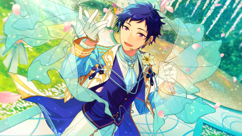 1boy arm_up blue_hair buttons cowboy_shot dark_blue_hair ensemble_stars! flower fushimi_yuzuru gloves hand_up happy_elements headset lapels long_sleeves magnolia_(ensemble_stars!) male_focus mole mole_under_eye notched_lapels official_art open_mouth petals purple_eyes short_bangs short_hair solo third-party_source white_gloves