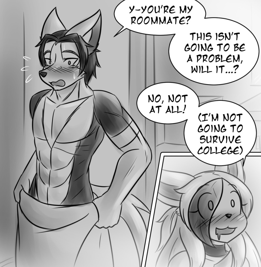 2023 2koma anthro aroused bathroom blush blush_lines bodily_fluids boltund canid canine choker comic comic_panel countershade_face countershade_torso countershading dialogue digital_drawing_(artwork) digital_media_(artwork) doorframe drooling eeveelution embarrassed english_text female generation_4_pokemon generation_8_pokemon hair hi_res holding_object holding_towel jewelry leaf leaf_hair leafeon long_hair male mammal mint_wilson monochrome muscular muscular_anthro muscular_male necklace nintendo plant plant_hair pokemon pokemon_(species) pseudo_hair saliva short_hair smile speech_bubble squiggle_mouth story story_in_description sweat sweatdrop tetsushi text tied_hair towel towel_only wide_eyed