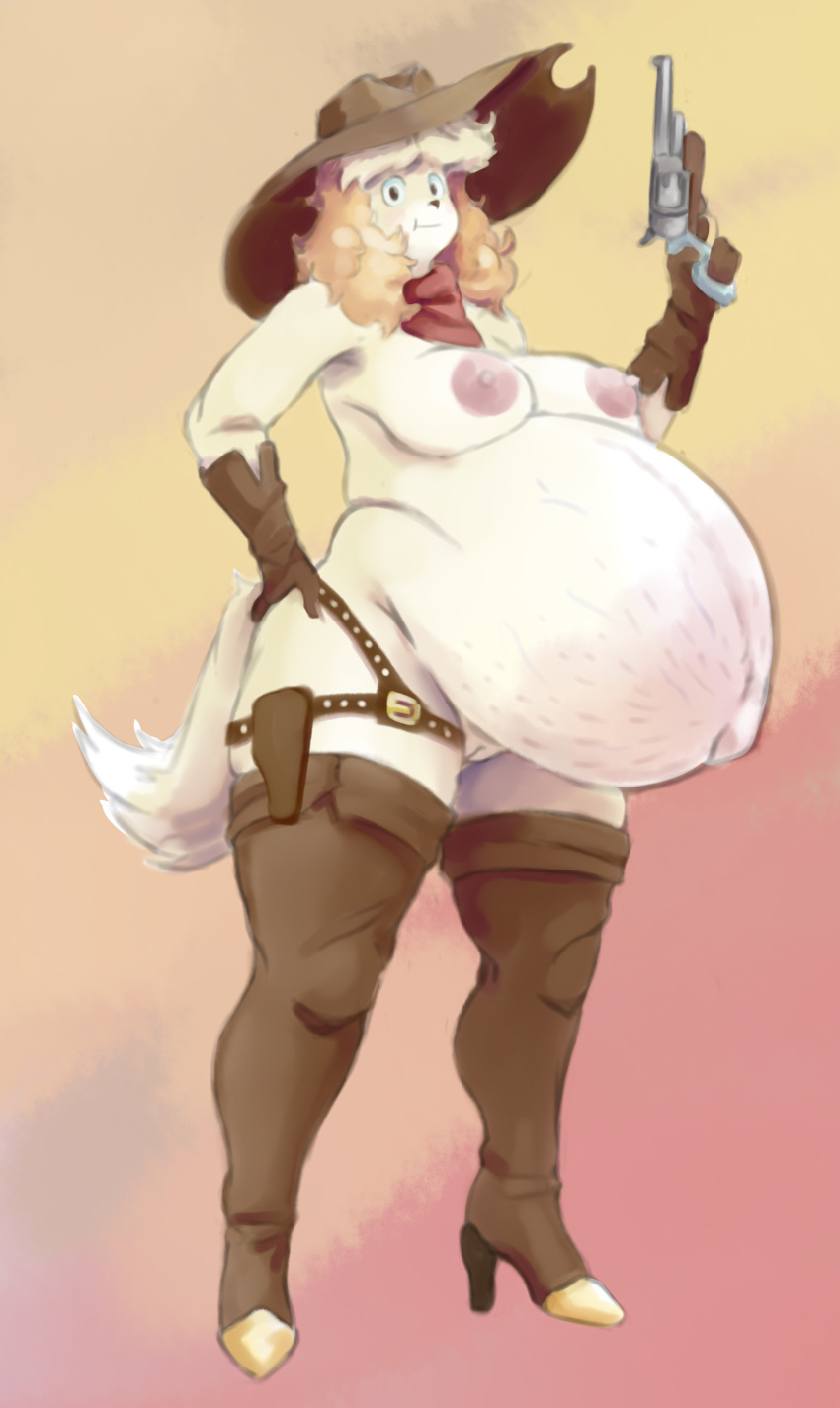 absurd_res animal_crossing anthro awful_lad boots canid canine canis clothing cowboy_hat domestic_dog female footwear gloves gun handgun handwear hat headgear headwear hi_res isabelle_(animal_crossing) legwear mammal nintendo pregnant ranged_weapon revolver solo stretch_marks thick_thighs thigh_boots thigh_highs toy_dog weapon