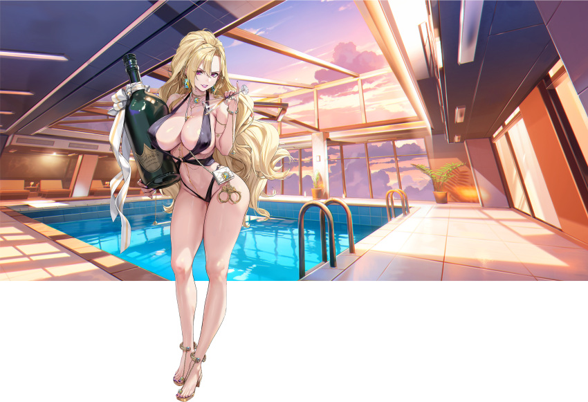 1girl anklet armlet bag bikini black_bikini blonde_hair bottle bracelet breasts bust_cup chain_necklace cleavage cloud cloudy_sky collarbone covered_nipples cuffs cup deck_chair earrings fern full_body gem glass_bottle gold_footwear hair_between_eyes handbag handcuffs high_heels highres holding holding_bottle holding_cup huge_breasts indoors jewelry last_origin linea_alba lipstick long_hair looking_at_viewer makeup nail_polish navel necklace o-ring o-ring_bikini official_alternate_costume official_art parted_lips pinkmill plant pool potted_plant pouring pouring_onto_self purple_eyes purple_lips purple_nails ribbon sadius_of_retribution simple_background sky sling_bikini_top standing sunset swimsuit tachi-e thick_thighs thighs third-party_source transparent_background v-shaped_eyebrows white_ribbon window
