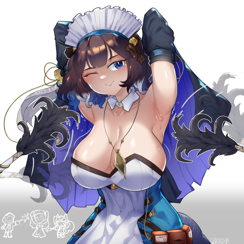 1other 2girls ;) arknights armpits arms_up bare_shoulders black_hair blue_eyes blue_hair breasts cleavage commentary cuddz detached_collar detached_sleeves doctor_(arknights) dress duster feather_duster gradient_background gradient_hair grey_background highres jewelry kjera_(arknights) kjera_(ingenious_servant)_(arknights) large_breasts looking_at_viewer maid maid_headdress multicolored_hair multiple_girls multiple_views one_eye_closed pendant shaw_(arknights) short_hair smile strapless strapless_dress upper_body white_background white_dress white_hair
