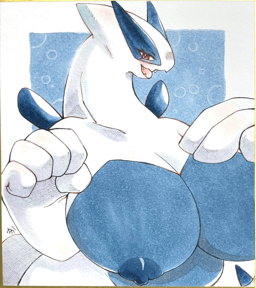 absurd_res anthro blush breasts female generation_2_pokemon hi_res legendary_pokemon lugia nintendo nipples open_mouth pokemon pokemon_(species) red_eyes simple_background solo traditional_media_(artwork) u_ka white_body