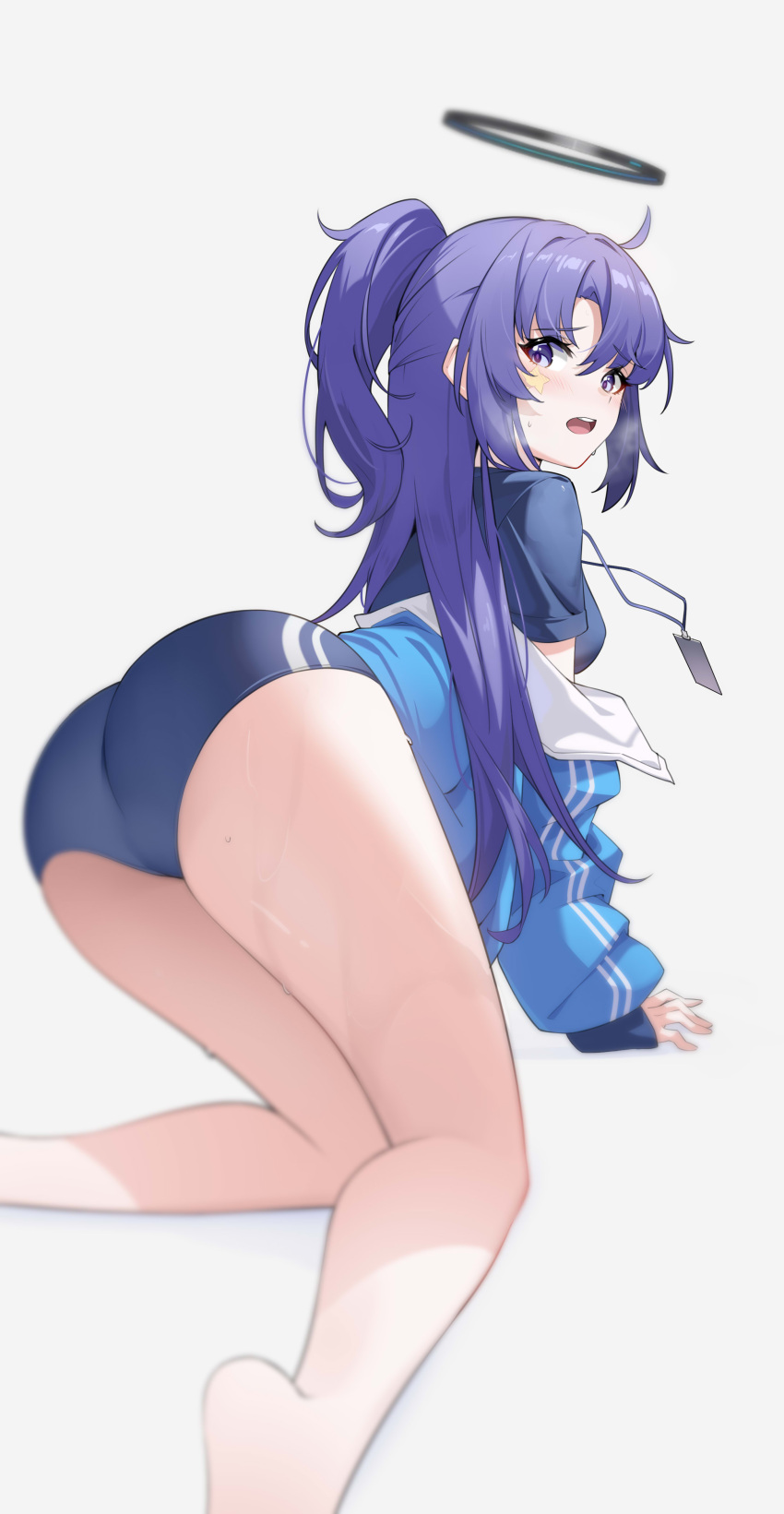 1girl absurdres all_fours ass bare_legs barefoot blue_archive blue_buruma blue_jacket blush breasts buruma gym_uniform halo highres jacket jacket_partially_removed lanyard long_hair long_sleeves looking_at_viewer looking_back official_alternate_costume open_mouth partially_unzipped ponytail purple_eyes purple_hair shenqi_xiao_hong_zai_nali simple_background solo star_sticker sticker_on_face sweat track_jacket yuuka_(blue_archive) yuuka_(gym_uniform)_(blue_archive)