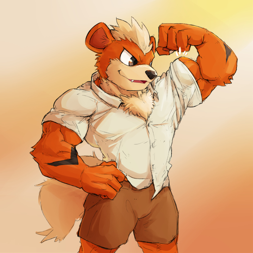 abstract_background alternate_version_at_source anthro anthrofied bottomwear brown_eyes chest_tuft clothed clothing dress_shirt flexing_bicep flexing_muscles fluffy fluffy_tail fur generation_1_pokemon growlithe hi_res male muscular muscular_anthro muscular_male nintendo orange_body orange_fur pokemon pokemon_(species) shirt shorts solo tail topwear tuft waddledox yellow_body yellow_fur