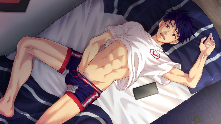 1boy abs ace_anderson bedroom blue_hair boxers bulge clothes_lift collaboration dark_blue_hair feet_out_of_frame floor from_above hand_in_underwear highres indoors jock_studio_(blits_games) looking_at_viewer male_focus male_underwear mikkoukun navel non-web_source official_art on_bed open_mouth phone pubic_hair shirt shirt_lift short_hair solo teeth underwear upper_teeth_only variant_set wall white_shirt zamius