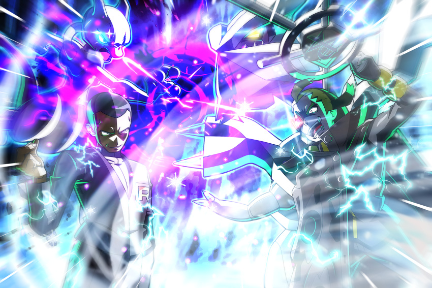 2boys battle cane cloak commentary_request cowboy_shot electricity ghetsis_(pokemon) giovanni_(pokemon) glowing glowing_eyes green_hair highres kyurem male_focus mewtwo misterror multiple_boys open_mouth pokemon pokemon_(creature) pokemon_(game) pokemon_bw2 pokemon_masters_ex pokemon_usum snowflakes team_plasma team_rainbow_rocket wings