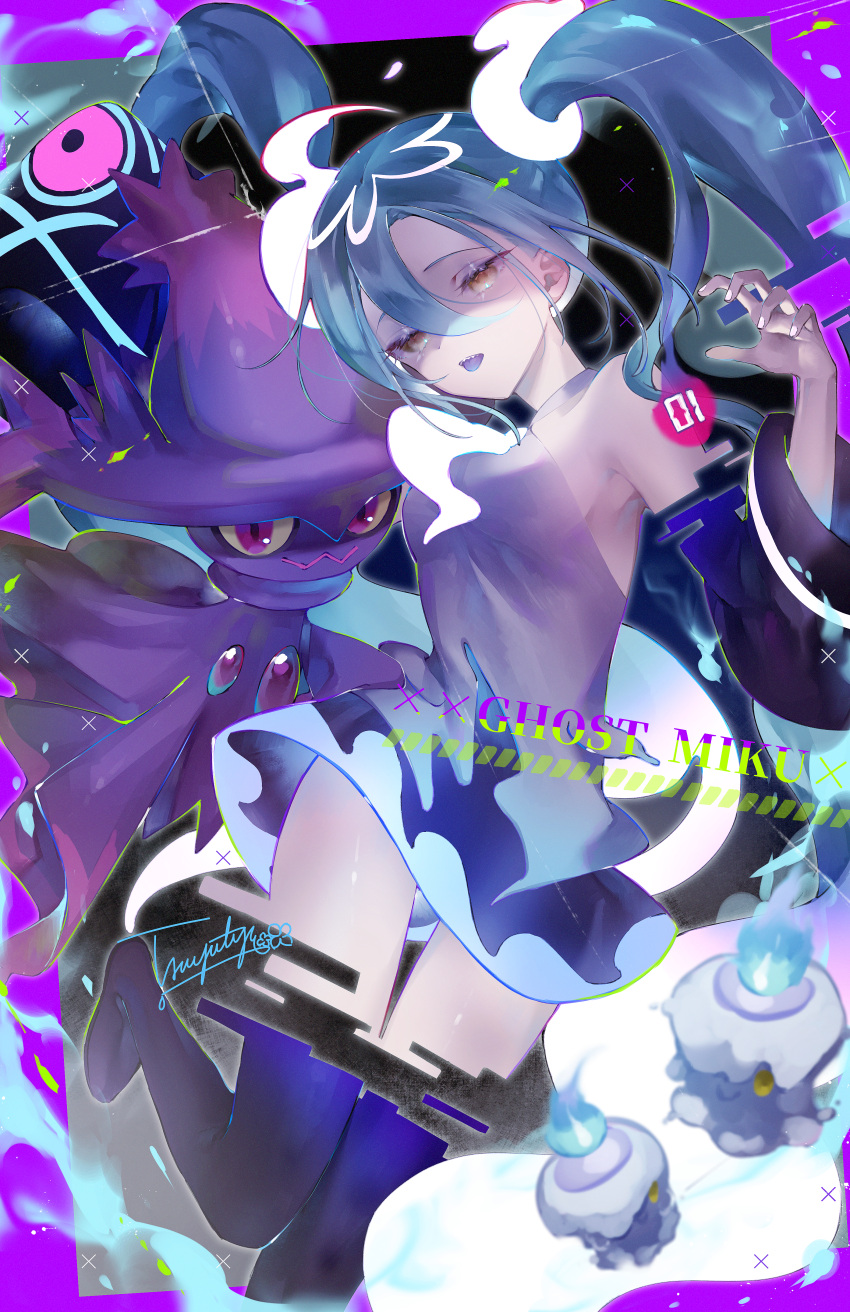 1girl absurdres bare_shoulders breasts character_name commentary_request crossover detached_sleeves dress eyelashes ghost_miku_(project_voltage) grey_dress grey_hair hair_between_eyes hand_up hatsune_miku highres litwick long_hair mismagius open_mouth pokemon pokemon_(creature) project_voltage sleeveless sleeveless_dress thighhighs thighs tongue tongue_out tsuyutya twintails vocaloid yellow_eyes