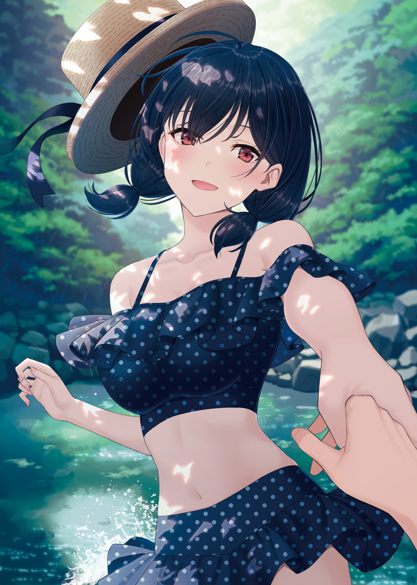 1girl 1other :d bare_shoulders bikini bikini_skirt black_bikini black_hair blush breasts brown_headwear collarbone commentary_request day hair_between_eyes hat hat_removed hat_ribbon headwear_removed highres holding_hands hyuuga_azuri looking_at_viewer low_twintails medium_breasts navel off-shoulder_bikini off_shoulder open_mouth original outdoors pleated_skirt polka_dot polka_dot_bikini pond pov pov_hands pulling red_eyes ribbon rock short_twintails skirt smile solo_focus swimsuit tree twintails water