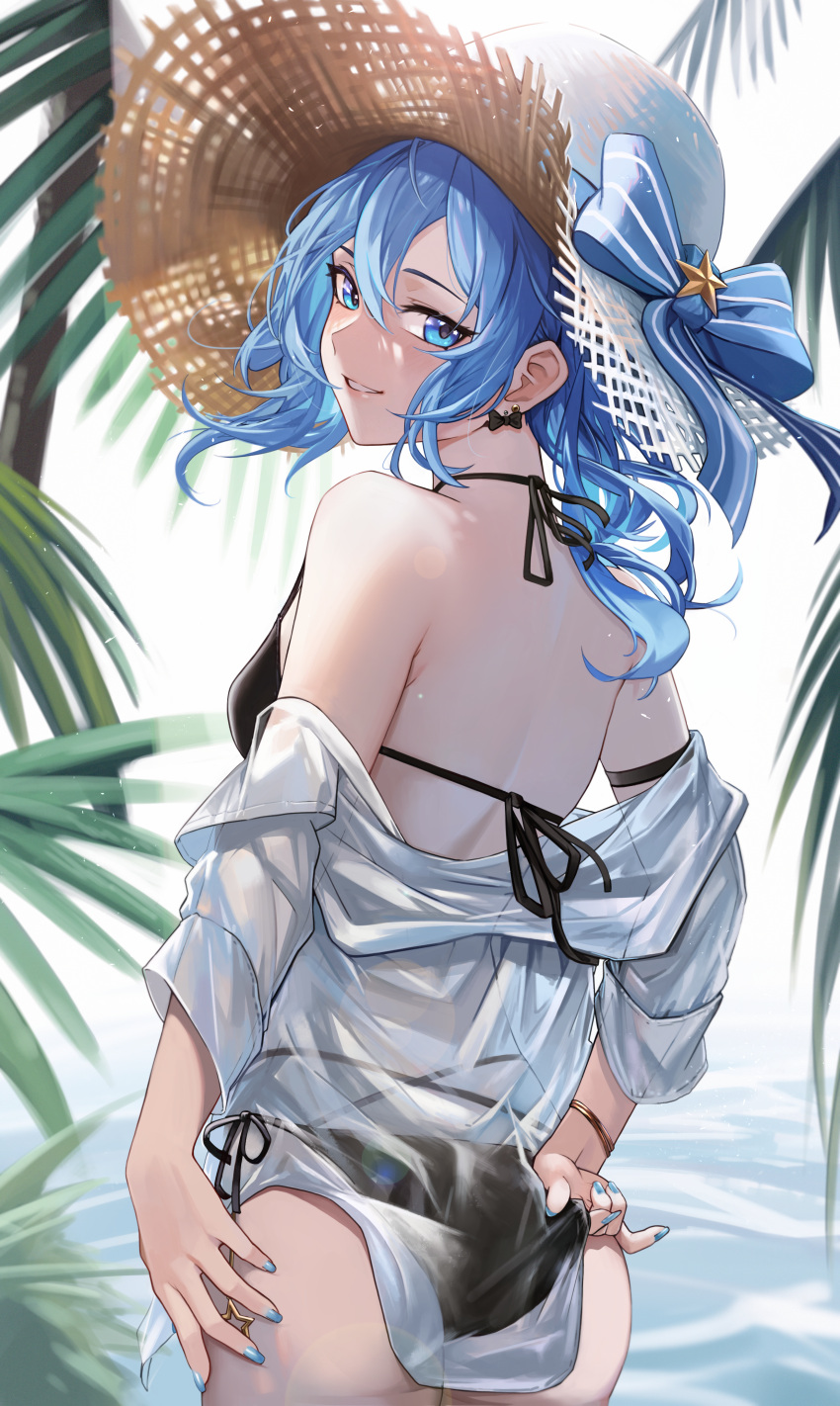 1girl absurdres anizi ass back bare_shoulders bikini black_bikini blue_eyes blue_hair blue_nails breasts earrings from_behind grin halterneck hat highres hololive hoshimachi_suisei jewelry looking_at_viewer looking_back medium_hair nail_polish open_clothes open_shirt see-through shirt side-tie_bikini_bottom small_breasts smile solo straw_hat string_bikini swimsuit virtual_youtuber wet wet_clothes wet_shirt