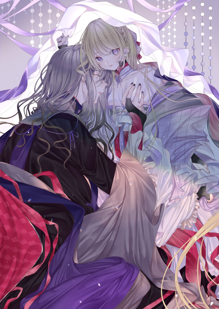 1boy 1girl absurdly_long_hair absurdres age_difference bishounen black_nails black_robe blonde_hair braid bridal_gauntlets bridal_legwear couple expressionless hand_on_another's_chest hetero highres long_hair looking_at_viewer msa_(fary_white) original parted_lips profile purple_eyes red_pupils robe slit_pupils veil very_long_hair white_eyes