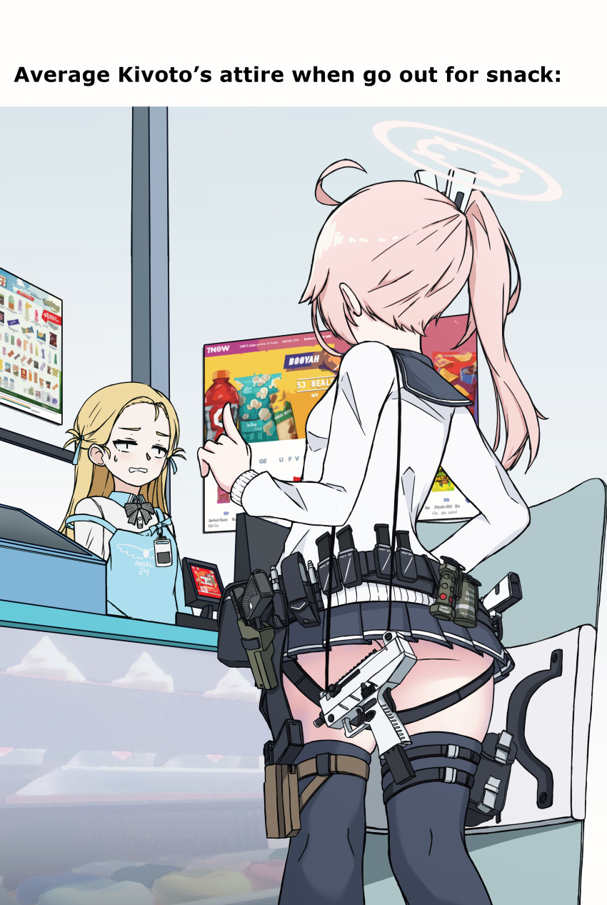 2girls absurdres apron ass back belt beretta_92 blonde_hair blue_archive bow bowtie cash_register cashier commentary convenience_store english_commentary english_text flashbang from_behind from_below gun halo handgun highres holster index_finger_raised long_hair long_sleeves looking_at_another magazine_(weapon) meme micro_uzi mini_uzi multiple_girls nape natsu_(blue_archive) no_panties panties parted_bangs photo-referenced pink_hair pleated_skirt riot_shield school_uniform serafuku shield shop short_sleeves side_ponytail sidelocks skirt sora_(blue_archive) store_clerk submachine_gun sweatdrop thigh_belt thigh_holster thigh_strap thighhighs two_side_up underwear weapon white_panties xandier59