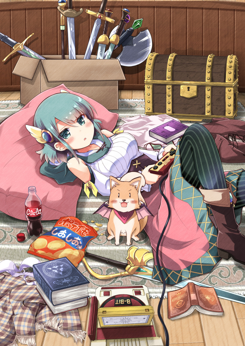 1girl absurdres aqua_hair axe bare_shoulders book boots bra brown_footwear chips_(food) clothes coca-cola controller demon_wings dog famicom fantasy food game_console game_controller green_eyes green_hood highres holding holding_controller holding_game_controller hood hood_down minadori_naya multiple_swords open_book open_mouth original pillow ribbon rug short_hair striped_leggings sword treasure_chest underwear weapon white_bra wings wooden_floor yellow_ribbon