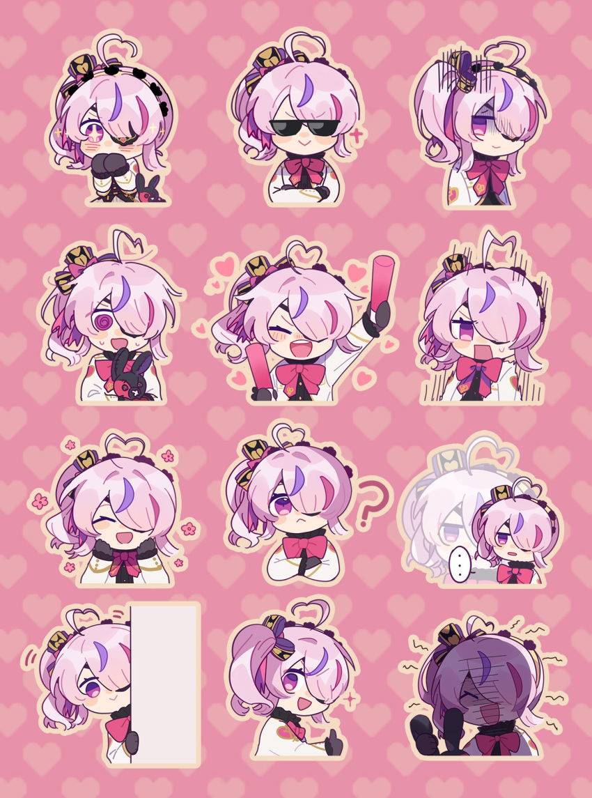 1girl ? @_@ ahoge black_gloves blush blush_stickers cropped_jacket eyepatch gloves heart heart_ahoge highres holding_glowstick jacket maple_(xt_ami000) maria_marionette medium_hair multicolored_hair multiple_views nijisanji nijisanji_en pink_hair purple_hair side_ponytail sir_ventrilo_(maria_marionette) smile sparkling_eyes streaked_hair stuffed_animal stuffed_rabbit stuffed_toy sunglasses thumbs_up virtual_youtuber white_jacket