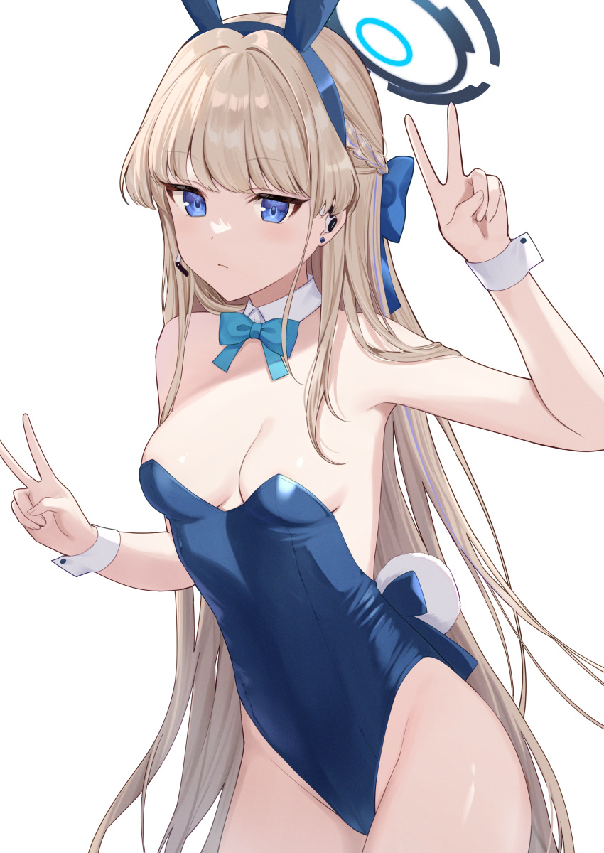 1girl absurdres animal_ears bare_legs bare_shoulders blonde_hair blue_archive blue_eyes blue_hair blue_leotard breasts closed_mouth commentary_request double_v fake_animal_ears fake_tail halo headset highres leotard long_hair looking_at_viewer medium_breasts mochiko_(uyu_omochi) multicolored_hair official_alternate_costume playboy_bunny rabbit_ears rabbit_tail simple_background solo tail toki_(blue_archive) toki_(bunny)_(blue_archive) two-tone_hair v very_long_hair white_background