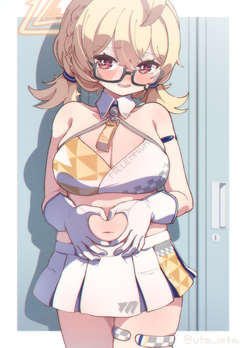 1girl ? absurdres ahoge armlet artist_name blonde_hair blue_archive blush border braid breasts brown_eyes character_name cheerleader chromatic_aberration cleavage collarbone cowboy_shot dot_nose film_grain glasses gloves hair_between_eyes halo heart heart_hands highres kotori_(blue_archive) kotori_(cheer_squad)_(blue_archive) large_breasts long_hair looking_at_viewer millennium_cheerleader_outfit_(blue_archive) miniskirt navel outside_border parted_lips pleated_skirt semi-rimless_eyewear short_twintails skirt solo teardrop-framed_glasses thighlet triangle_halo twintails twitter_username under-rim_eyewear utm_iota white_border white_gloves white_skirt wing_collar yellow_halo