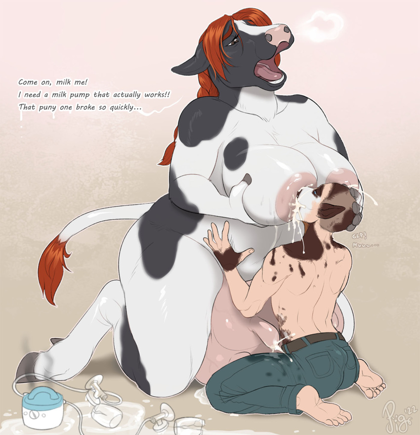 anthro areola belly belly_grab big_areola big_breasts big_teats big_udders bodily_fluids bovid bovine breast_grab breast_play breast_suck breastfeeding breasts breasts_and_teats cattle cleavage clothed clothing dewclaw_hooves duo english_text female hand_on_breast hi_res holstein_friesian_cattle hooves huge_breasts human interspecies kneeling lactating larger_female looking_pleasured male male/female mammal milk milking_request nipple_fetish nipple_play nipple_suck nipples open_mouth pig_(artist) size_difference slightly_chubby smaller_male sucking teats text thick_thighs transformation udders wide_hips