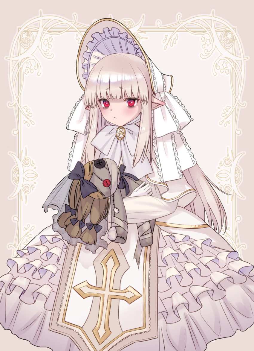 1girl :&lt; @_@ blush bonnet bow brooch commentary_request doll dress frilled_dress frills gloves gold_trim grey_hair highres holding holding_doll jewelry komiya_nigi lolita_fashion long_hair original pointy_ears red_eyes solo white_bow white_dress white_gloves