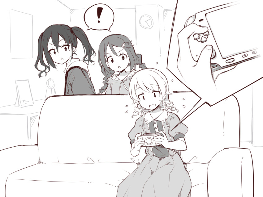 ! 3girls braid collared_dress couch drawstring dress flying_sweatdrops greyscale hair_ornament hairclip handheld_game_console hood hood_down hooded_jacket idolmaster idolmaster_cinderella_girls jacket long_hair long_sleeves miyoshi_sana monochrome morikubo_nono multiple_girls on_couch playstation_portable puffy_long_sleeves puffy_sleeves revision ringlets shared_speech_bubble sitting speech_bubble spoken_exclamation_mark sunazuka_akira twin_braids twintails uccow