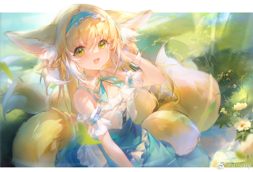 1girl :d animal_ear_fluff animal_ears arknights bare_shoulders blonde_hair blue_hairband blue_skirt blush day flower fox_ears fox_tail frilled_hairband frills grass green_eyes hair_between_eyes hairband highres irisrey letterboxed long_hair multiple_tails outdoors shirt short_sleeves skirt smile solo suzuran_(arknights) tail white_shirt yellow_flower