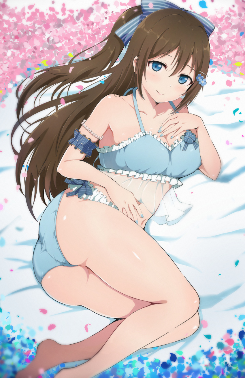 1girl absurdres ass barefoot bikini blue_bikini blue_bow blue_eyes blue_nails bow breasts brown_hair commentary_request foot_out_of_frame highres legs long_hair love_live! love_live!_nijigasaki_high_school_idol_club lying nail_polish official_alternate_costume on_side ousaka_shizuku ponytail smile solo swimsuit wewe