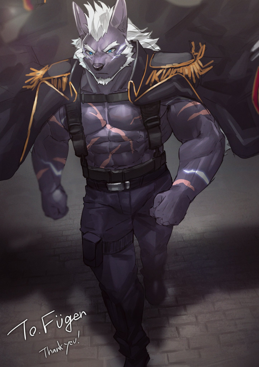 1boy abs bara coat coat_on_shoulders commission floating_hair frown full_beard full_body furry furry_male highres large_pectorals looking_ahead male_focus multiple_scars muscular muscular_male neumo original pectoral_cleavage pectorals purple_fur scar skeb_commission solo stomach walking