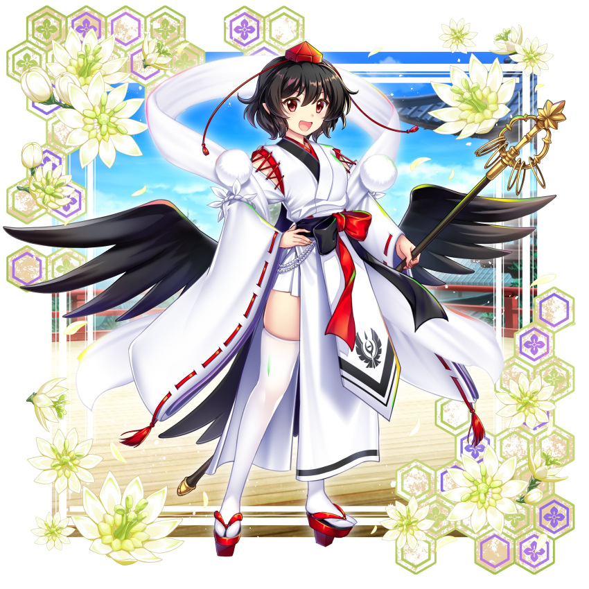 1girl absurdres bird_tail bird_wings black_hair black_wings commentary english_commentary flower full_body game_cg geta hat highres holding holding_staff japanese_clothes kimono kourindou_tengu_costume looking_at_viewer official_alternate_costume open_mouth pom_pom_(clothes) red_footwear red_headwear rotte_(1109) sash second-party_source shameimaru_aya shameimaru_aya_(white_crow_of_sensationalist_photos) shawl short_hair solo staff tail tengu-geta thighhighs tokin_hat touhou touhou_lost_word white_kimono white_thighhighs wings yellow_flower