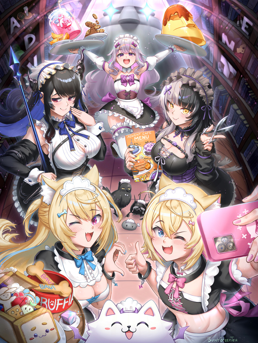 5girls animal_ears blonde_hair burnt_green_tea cellphone dog_ears food fuwawa_abyssgard highres holding holding_food holding_phone holding_scissors holoadvent hololive hololive_english koseki_bijou looking_at_phone mococo_abyssgard multiple_girls nerissa_ravencroft phone pudding scissors selfie shiori_novella