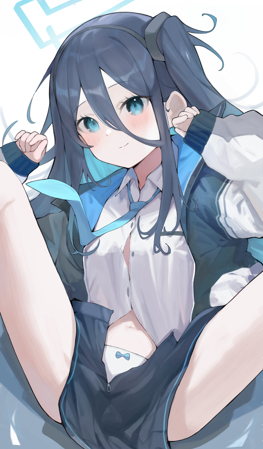 1girl absurdres aris_(blue_archive) arms_up belly black_hairband blue_archive blue_eyes blue_hair blue_halo blue_skirt blush bow bow_panties breasts closed_mouth collared_shirt english_commentary feet_out_of_frame hair_between_eyes hairband halo highres jacket layer_(shinobu) long_hair long_sleeves loose_necktie lying messy_hair midriff miniskirt necktie on_back open_clothes open_jacket panties paw_pose shirt side_ponytail sidelocks skirt sleeve_cuffs sleeves_past_wrists small_breasts smile solo spread_legs thighs unbuttoned underwear unzipped white_necktie white_panties white_shirt zipper_skirt