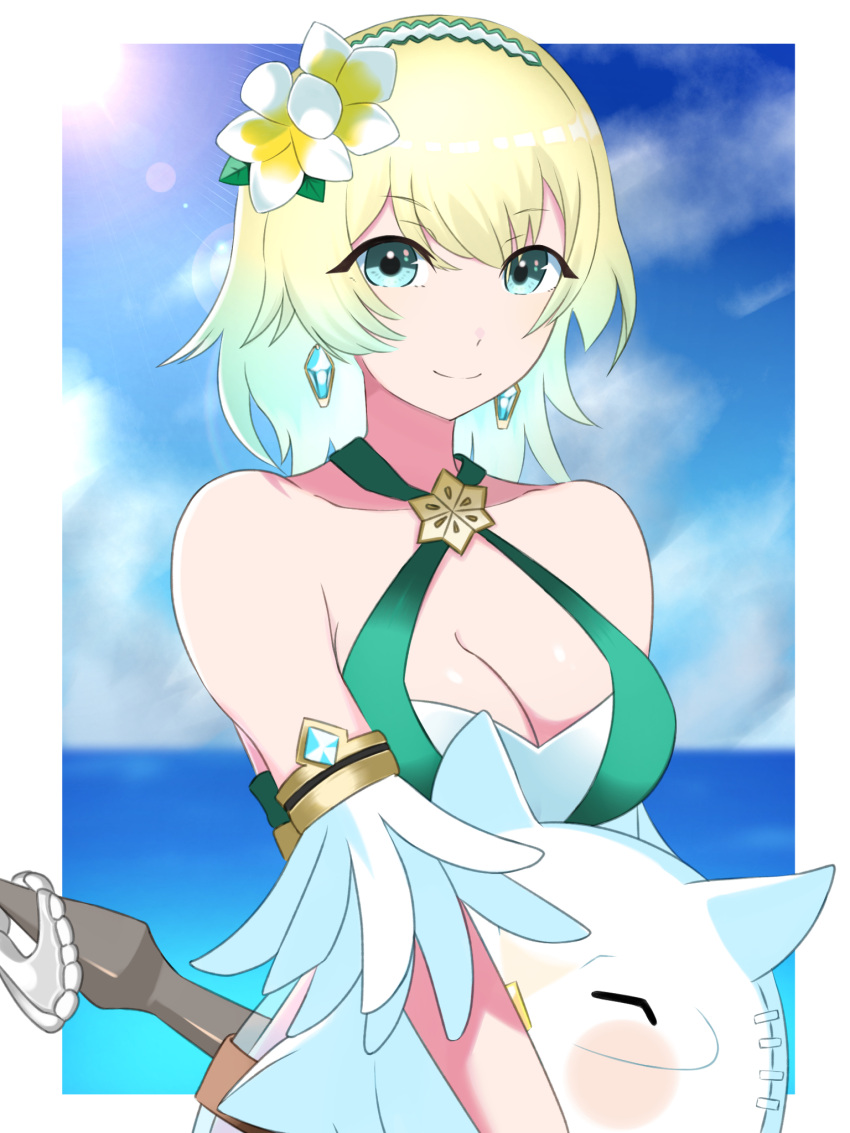 1girl bare_shoulders blonde_hair blue_eyes breasts cleavage commentary earrings fire_emblem fire_emblem_heroes fjorm_(fire_emblem) fjorm_(summer)_(fire_emblem) flower hair_flower hair_ornament highres jewelry looking_at_viewer official_alternate_costume ondur short_hair smile solo swimsuit upper_body