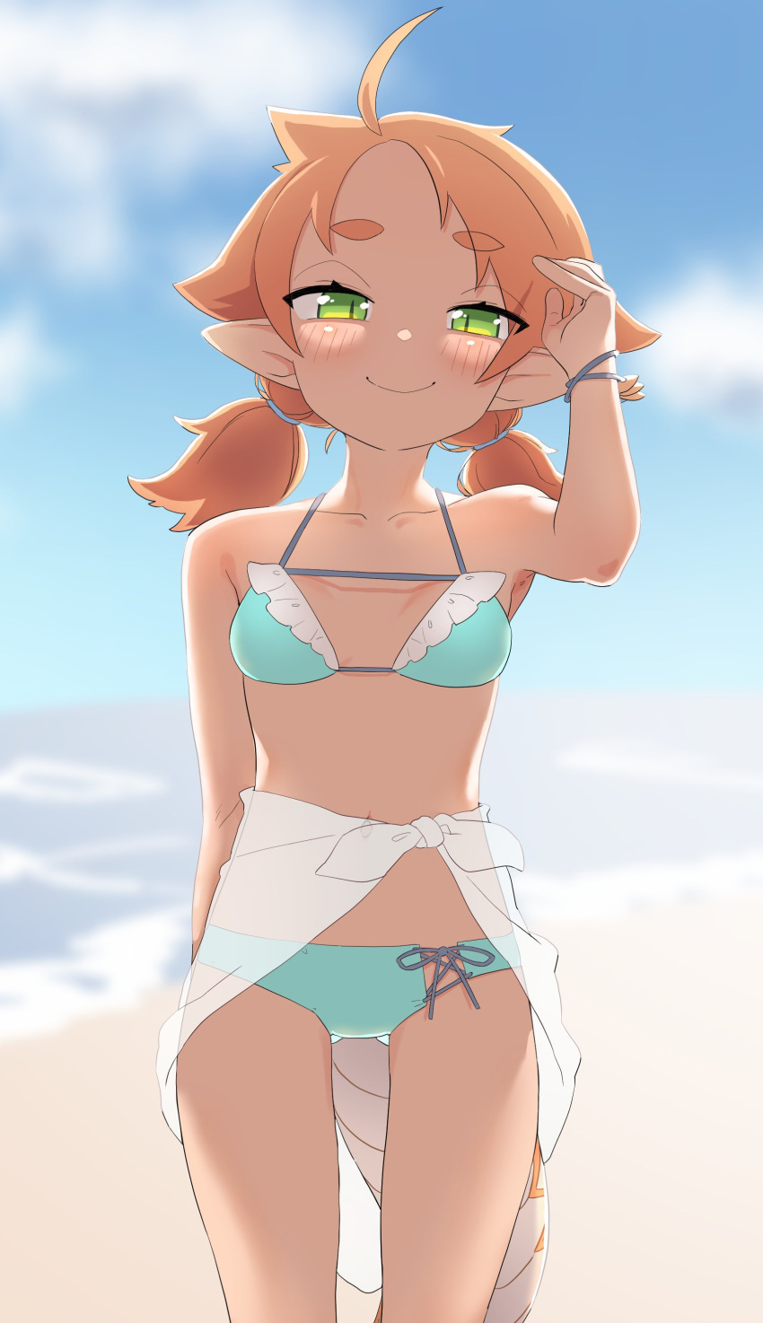 1girl absurdres arm_up ass_visible_through_thighs bare_arms bare_shoulders beach bikini blue_bikini blue_sky blurry blurry_background blush breasts closed_mouth cloud collarbone commentary_request day depth_of_field frilled_bikini frills green_eyes highres horizon linea-chan_(owasaki) looking_at_viewer low_twintails medium_breasts navel ocean orange_hair original outdoors owasaki sand sarong see-through short_eyebrows short_twintails sky smile solo standing swimsuit thick_eyebrows twintails water