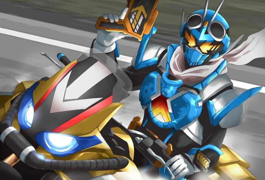 1boy black_bodysuit blue_armor blue_eyes bodysuit gloves glowing glowing_eyes goggles golddash gotcha_driver gun highres holding holding_gun holding_weapon kamen_rider kamen_rider_gotchard kamen_rider_gotchard_(series) male_focus miyabi_(037) motor_vehicle motorcycle orange_eyes rider_chemi_card riding scarf sparkle tokusatsu weapon white_gloves white_scarf