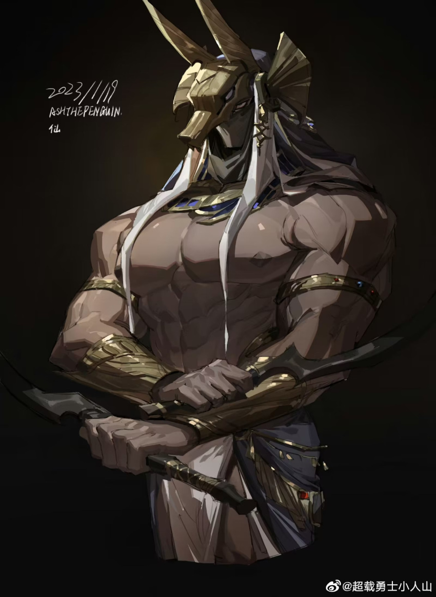 1boy abs armlet ashthepenguin bara cropped_legs dagger dark-skinned_male dark_skin dual_wielding egyptian egyptian_clothes gold highres holding holding_dagger holding_knife holding_weapon horus_(mythology) jewelry knife large_pectorals male_focus mask muscular muscular_male necklace nipples original pectorals pelvic_curtain shiny_skin sideburns solo stomach thick_thighs thighs topless_male weapon weapon_request