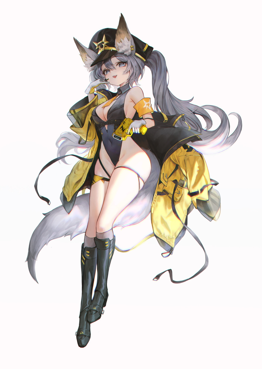 1girl animal_ear_fluff animal_ears bare_shoulders black_headwear black_jacket black_leotard blue_eyes boots breasts cleavage covered_navel english_commentary full_body gloves grey_hair hair_between_eyes hat highleg highleg_leotard highres jacket jacket_partially_removed knee_boots kneehighs large_breasts leotard long_hair long_sleeves microphone muu_risa open_mouth original peaked_cap plunging_neckline sideboob simple_background socks solo tail taser teeth thigh_strap twintails underbust upper_teeth_only white_background white_gloves wide_sleeves wolf_ears yellow_gloves yellow_jacket
