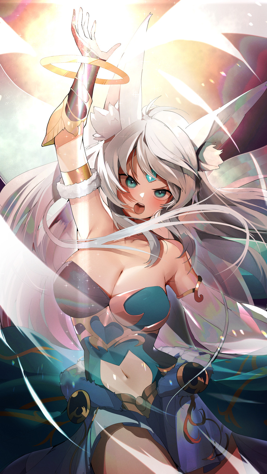 1girl absurdres animal_ear_fluff animal_ears apollousa_bow_of_the_goddess arm_up blush breasts cleavage clothing_cutout commission detached_sleeves dress duel_monster forehead_jewel gloves green_eyes highres long_hair navel open_mouth pixiv_commission ro_g_(oowack) single_detached_sleeve solo stomach_cutout very_long_hair white_hair yu-gi-oh!