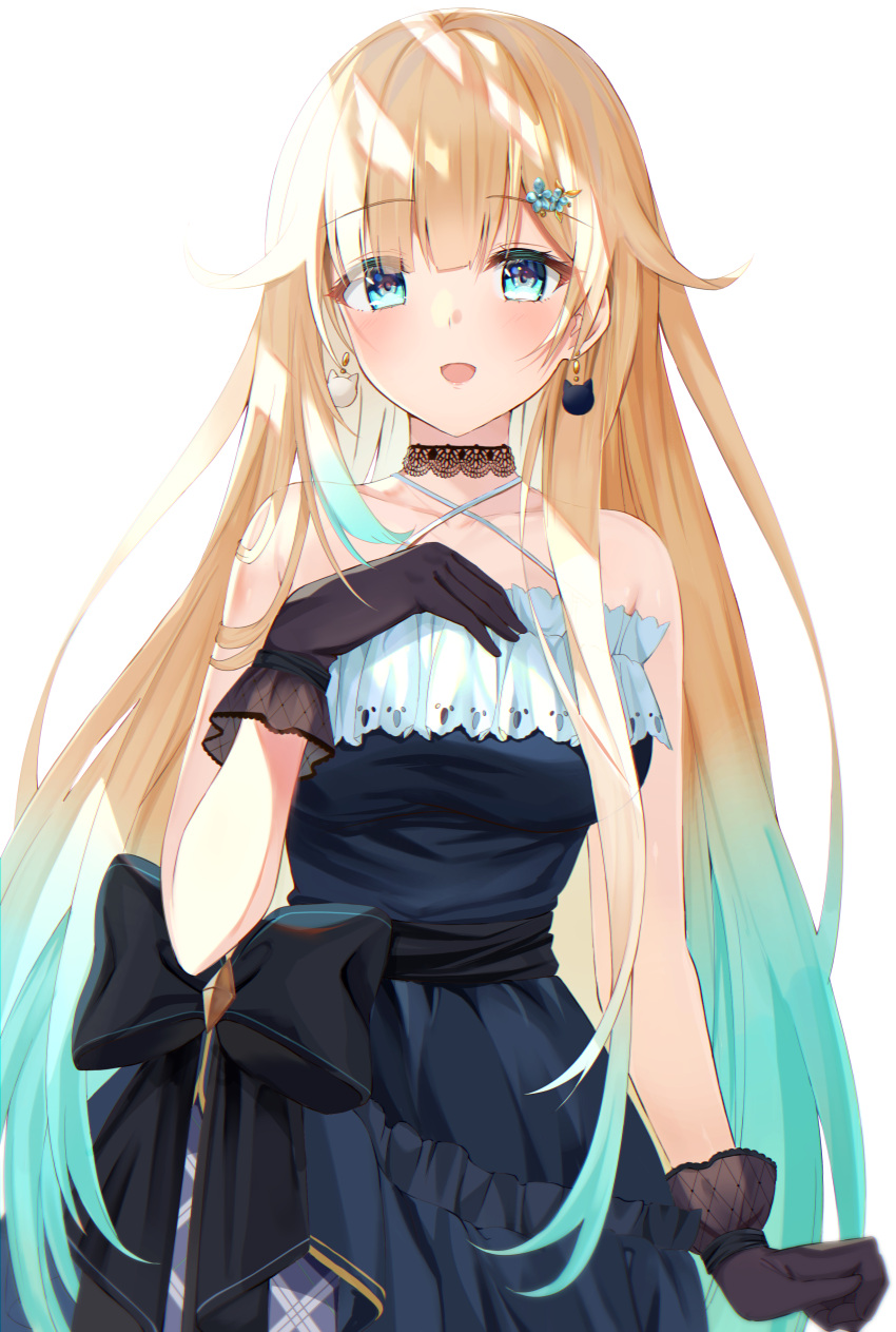 1girl absurdres aizawa_ema black_bow black_choker black_gloves blonde_hair blue_dress blue_eyes blush bow breasts choker commentary cowboy_shot criss-cross_halter dress earrings frilled_dress frills gloves gradient_hair green_hair hair_ornament hairclip halter_dress halterneck hand_up highres jewelry large_breasts long_hair multicolored_hair open_mouth simple_background sleeveless sleeveless_dress solo toratora_(nanahaba) very_long_hair virtual_youtuber vspo! waist_bow white_background