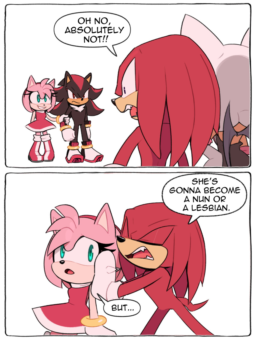 2023 absurd_res amy_rose bat clothing echidna eulipotyphlan eyes_closed fangs gloves handwear hedgehog hi_res knuckles_the_echidna mammal monotreme pushing rouge_the_bat sega shadow_the_hedgehog simple_background sonic_the_hedgehog_(series) speech_bubble teeth toonsite white_background
