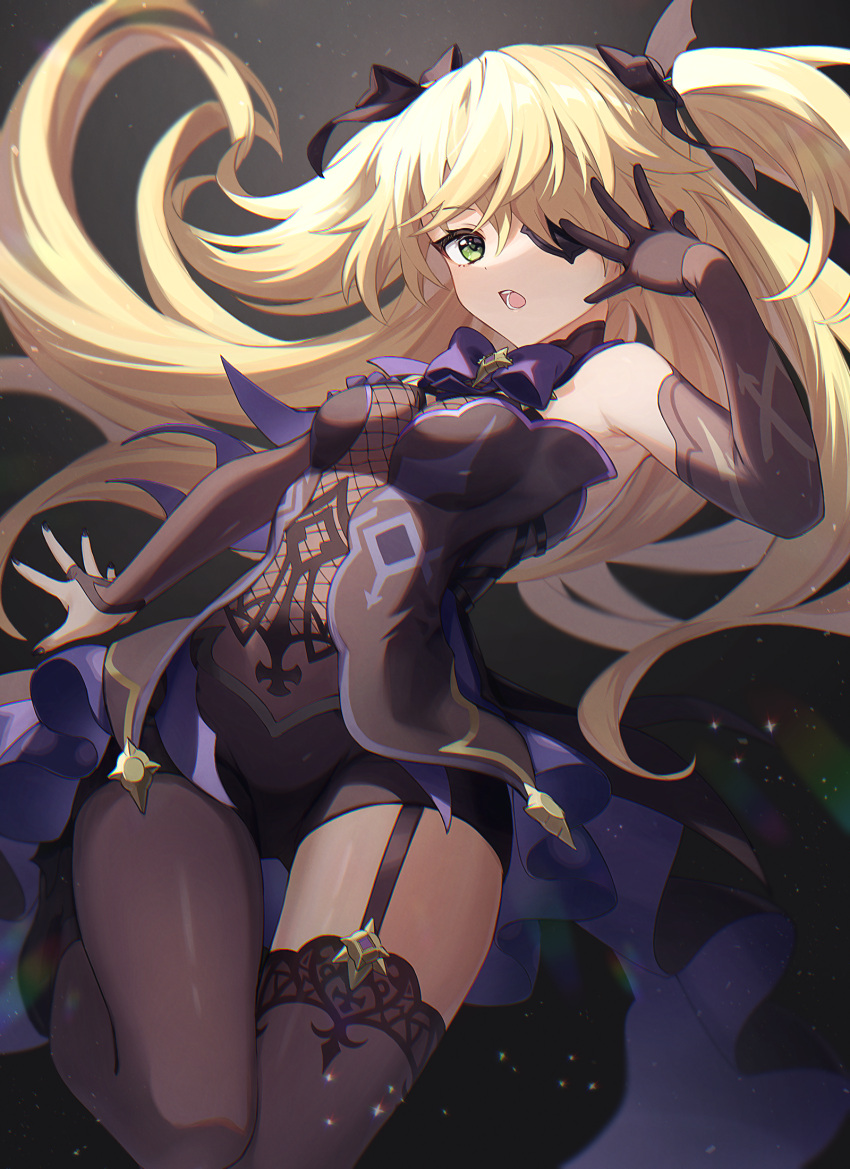 1girl armpits bat_ornament bodystocking bow bowtie breasts brown_sleeves chromatic_aberration chuunibyou eyepatch fischl_(genshin_impact) fishnet_top fishnets genshin_impact gloves hair_over_one_eye highres long_hair mochimiya_(coyo) open_mouth purple_bow purple_bowtie single_glove single_leg_pantyhose single_thighhigh small_breasts solo sparkle tailcoat thighhighs twintails