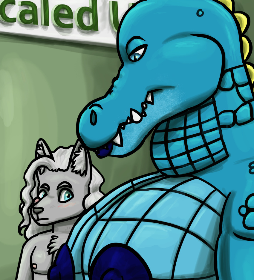 2023 alligator alligatorid anthro azrael_(tertia) azurlligator big_breasts black_nose blue_body blue_eyes blue_lips blue_lipstick blue_nipples blue_scales blush breasts bulging_neck canid canine canis chest_tuft cleavage clothed clothing crocodilian digital_drawing_(artwork) digital_media_(artwork) duo eyebrows eyelashes fangs female fur girl_staring_at_man's_chest green_wall grey_body grey_fur grey_hair hair hair_over_shoulder half-closed_eyes hi_res inner_ear_fluff interspecies large_pecs larger_female lips lipstick looking_at_another looking_at_partner looking_down makeup male male/female mammal multicolored_body multicolored_scales muscular muscular_anthro muscular_female narrowed_eyes nathile_tiduna nipples non-mammal_breasts pecs ponytail pupils reptile scales scalie scutes sign size_difference skywater slit_pupils smaller_male snout teeth topless topless_anthro topless_female topless_male tuft wall_(structure) wavy_hair wolf yellow_scutes