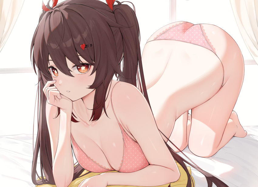 1girl all_fours ass back barefoot bed_sheet bra breasts brown_hair collarbone curtains elbow_rest english_commentary flower-shaped_pupils full_body genshin_impact hair_ornament hairclip heart heart_hair_ornament highres hu_tao_(genshin_impact) lace-trimmed_bra lace-trimmed_panties lace_trim long_hair looking_at_viewer medium_breasts panties parted_lips pillow pink_bra pink_panties polka_dot polka_dot_bra polka_dot_panties red_eyes rosumerii solo symbol-shaped_pupils thighs twintails underwear very_long_hair window