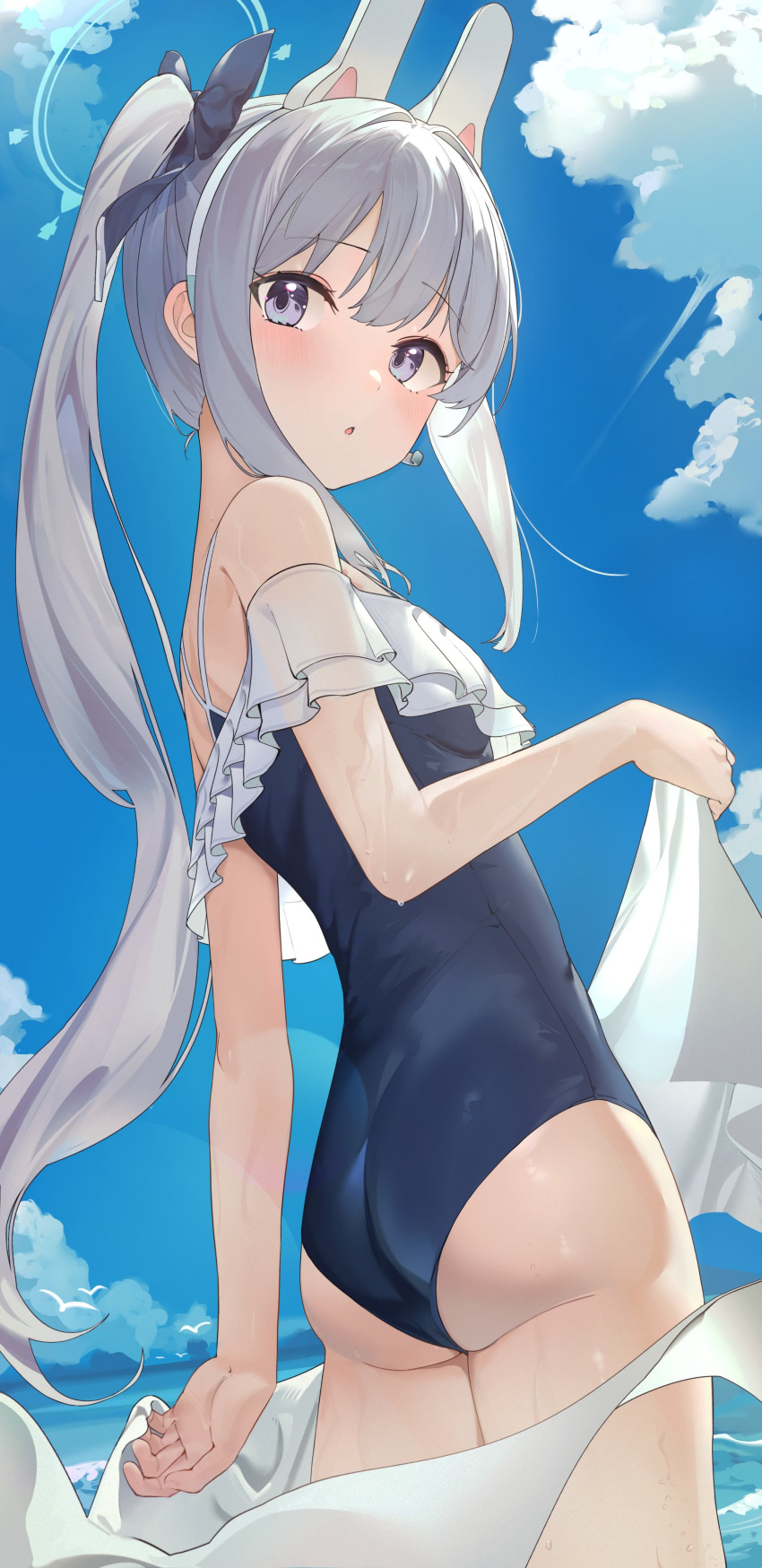 1girl absurdres blue_archive blue_bow blue_halo blue_one-piece_swimsuit bow breasts casual_one-piece_swimsuit cloud frilled_one-piece_swimsuit frills from_behind hair_bow halo highres long_hair looking_at_viewer miyako_(blue_archive) miyako_(swimsuit)_(blue_archive) mizo ocean off-shoulder_one-piece_swimsuit off_shoulder official_alternate_costume one-piece_swimsuit open_mouth ponytail purple_eyes sky small_breasts solo swimsuit two-tone_one-piece_swimsuit very_long_hair white_hair