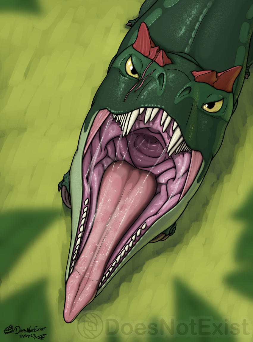 2023 allosaurid allosaurus ambiguous_gender ankou_(doesnotexist) bodily_fluids clawed_fingers claws countershade_face countershading dated digital_media_(artwork) dinosaur feral first_person_view grass green_body green_scales hi_res leaf looking_at_viewer looking_up looking_up_at_viewer mouth_shot open_mouth plant reptile saliva saliva_on_tongue saliva_string scales scalie scar sharp_teeth signature solo standing subscribestar teeth theropod throat toe_claws tongue tongue_out watermark yellow_eyes