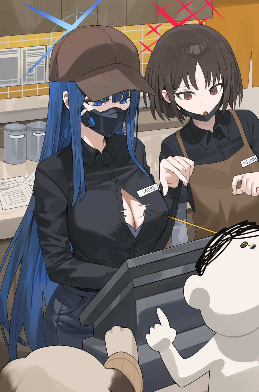 1boy 1other 2girls apron arona's_sensei_doodle_(blue_archive) black_hair black_mask blue_archive blue_eyes blue_hair blue_halo breasts brown_apron brown_eyes brown_hair buttons cash_register cleavage dark_blue_hair dog flying_button halo headshot highres hood_(james_x) large_breasts long_hair mask misaki_(blue_archive) mom's_touch mouth_mask multiple_girls open_mouth pants popped_button red_eyes red_halo saori_(blue_archive) sensei_(blue_archive) short_hair