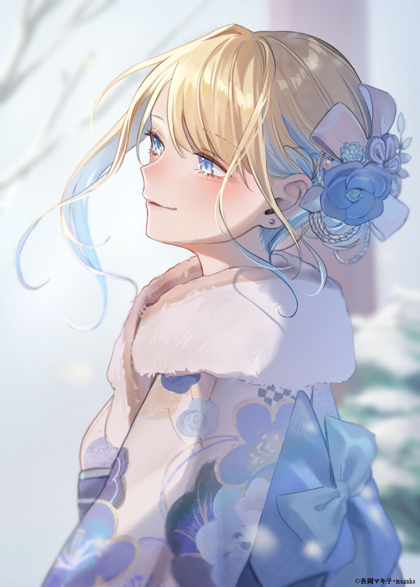 1girl absurdres antenna_hair blonde_hair blue_eyes blue_hair blue_sash blush bow colored_inner_hair copyright earrings floral_print flower fur-trimmed_kimono fur_trim hair_bow hair_bun hair_flower hair_ornament highres japanese_clothes jewelry keikenzumi_na_kimi_to_keiken_zero_na_ore_ga_otsukiai_suru_hanashi. kimono looking_ahead magako multicolored_hair obi official_art parted_lips print_kimono profile promotional_art runa_shirakawa sash short_hair single_earring upper_body white_kimono