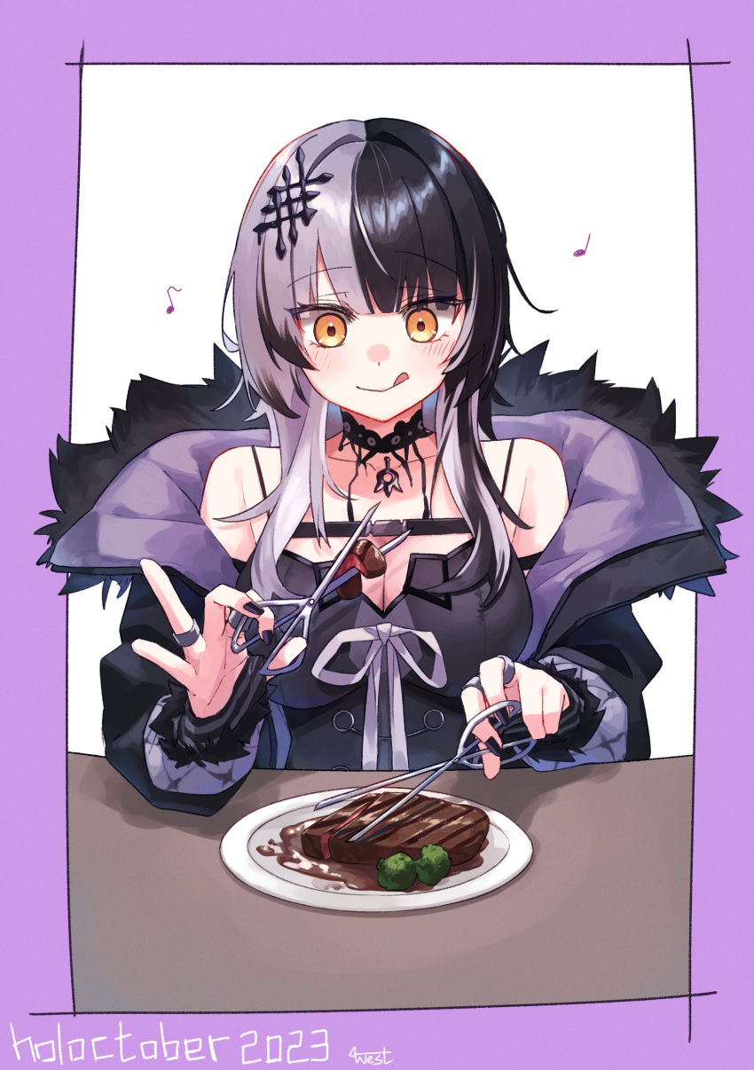 1girl absurdres black_choker black_coat black_dress black_gloves black_hair black_nails blush breasts chest_belt choker cleavage coat dress elbow_gloves food fur-trimmed_coat fur_trim gloves highres holding holding_scissors hololive hololive_english jewelry lace-trimmed_choker lace_trim large_breasts long_hair looking_at_viewer multicolored_hair musical_note nail_polish ring scissors shiori_novella smile solo split-color_hair steak striped striped_gloves tongue tongue_out virtual_youtuber westlee_ar white_hair yellow_eyes