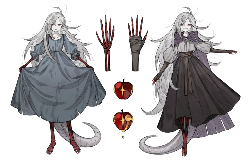 1girl absurdres ahoge apple black_skirt blue_dress cape colored_skin dress food fruit grin highres lizard_tail long_hair multiple_views napal_(ve_xillum) original puffy_sleeves purple_cape red_eyes skeletal_arm skeletal_leg skirt skirt_hold smile tail very_long_hair white_skin