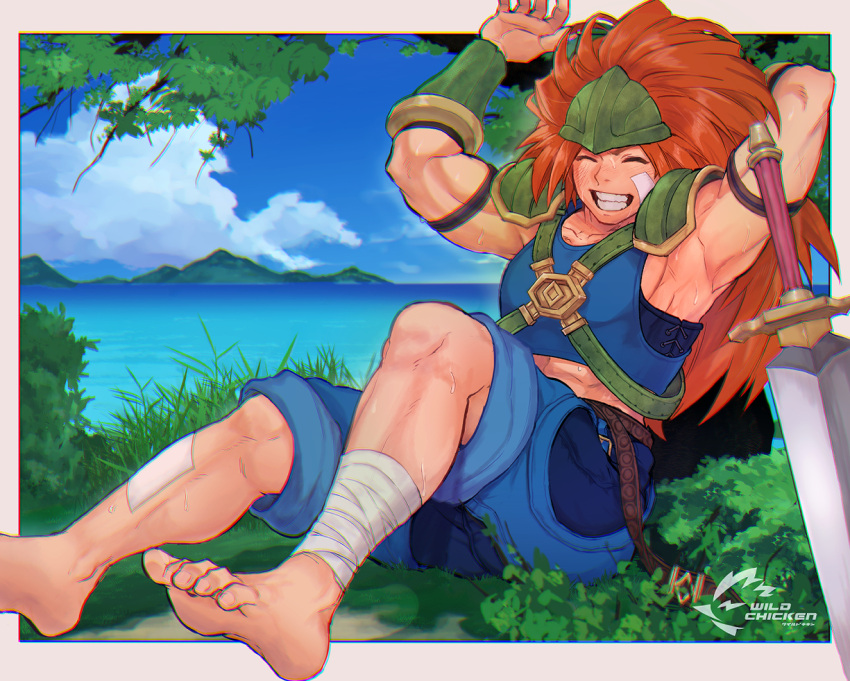 1boy abs_peek arm_behind_head armor armpits bandages barefoot blue_sky cloud cloudy_sky commission duran_(seiken_densetsu_3) eichi_(wild_chicken) facing_viewer grin long_hair male_focus ocean orange_hair pants pants_rolled_up seiken_densetsu seiken_densetsu_3 shoulder_armor skeb_commission sky smile sword watermark weapon