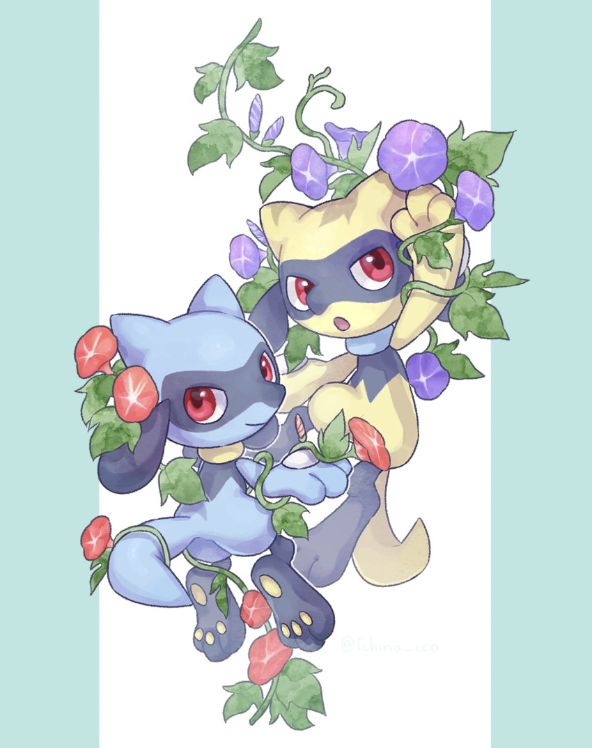 :o alternate_color arm_up closed_mouth commentary_request flower highres ichino_cco leaf looking_at_viewer open_mouth plant pokemon pokemon_(creature) purple_flower red_eyes riolu shiny_pokemon smile vines